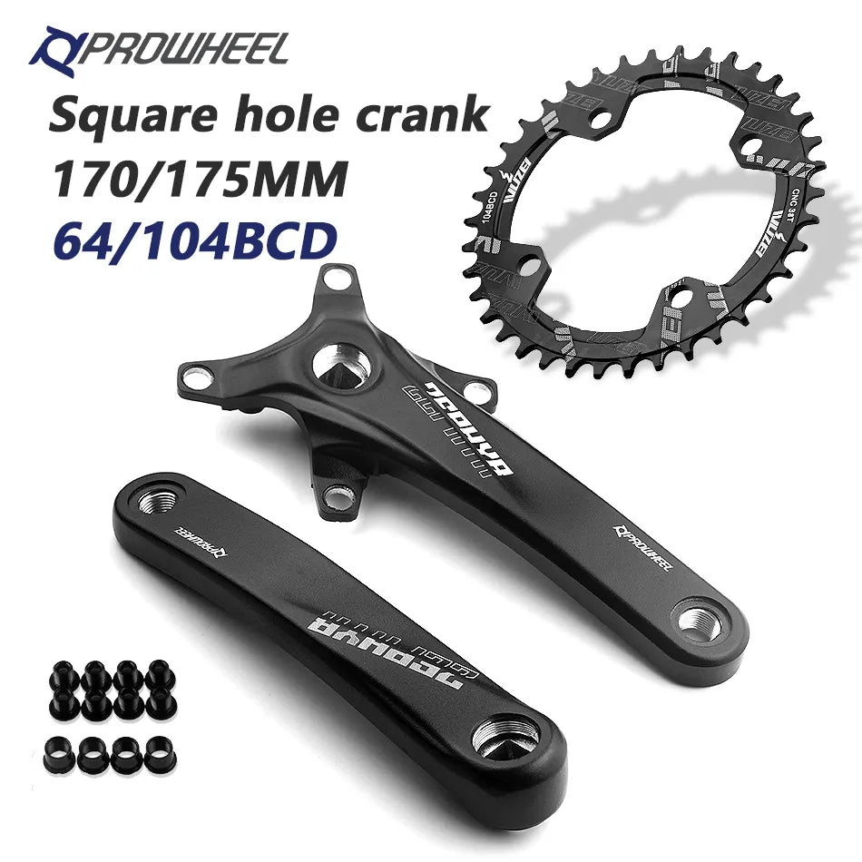 PROWHEEL 104BCD Manivelles à trou carré pour vélo et plateaux étroits, pédalier VTT, 170mm, 175mm, 30 T, 32 T, 34 T, 36 T, 38 T, 40 T, 42 T, 44 T, 46 T, 48 T, 50 T, 52T