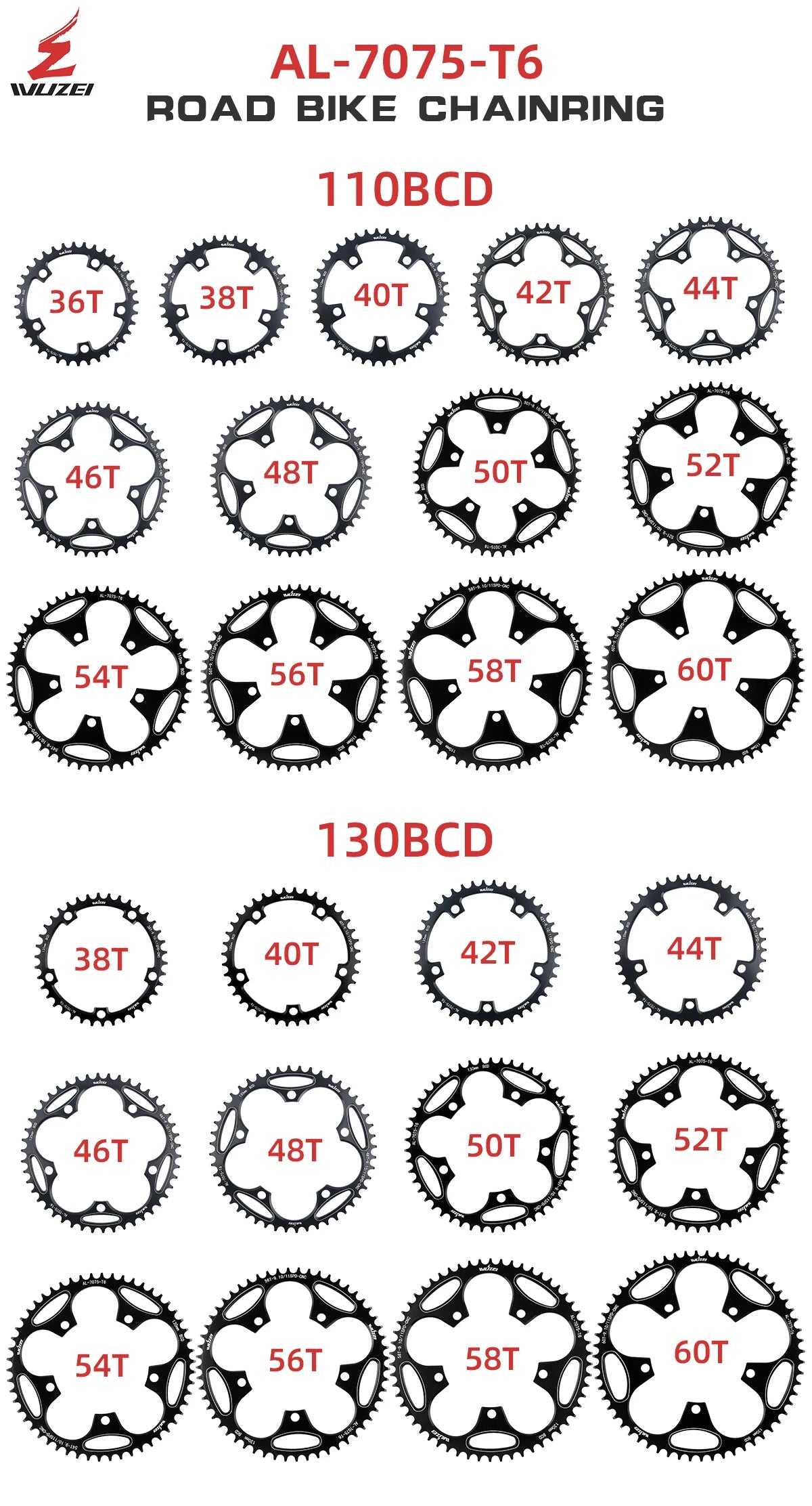 Plateau WUZEI (PROWHEEL) diamètre 110/130 mm BCD, 50 T, 52 T, 54 T, 56 T, 58 T, 60T.