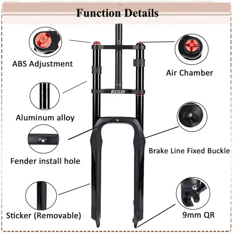 Fourche BUCKLOS à Suspension pneumatique pour fat bike 26*4.0 débattement 180mm