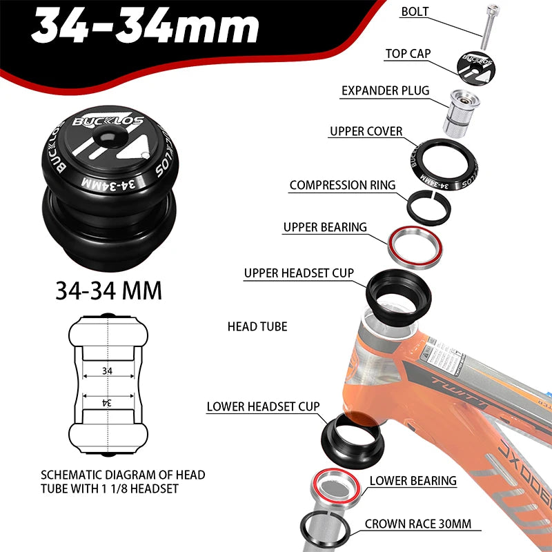 Casque de direction BUCKLOS à double roulement 34mm, 44mm, fourche de 28.6mm, 44-50.6mm, 55mm, 56mm