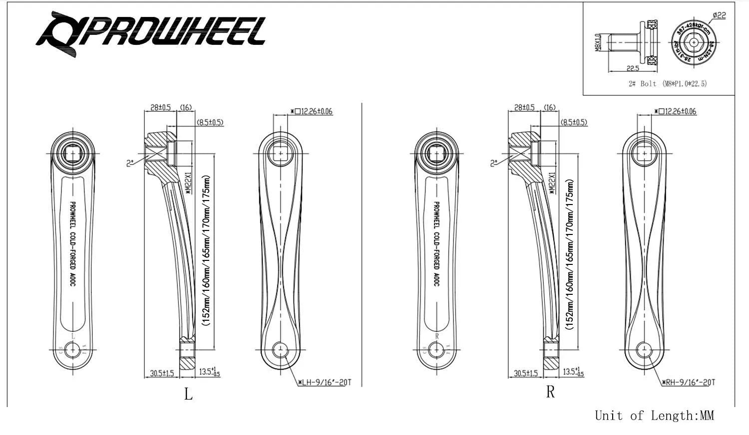 Manivelle Prowheel  140/152MM/160MM/165MM/170MM/175MM (1 Paire ou unité)