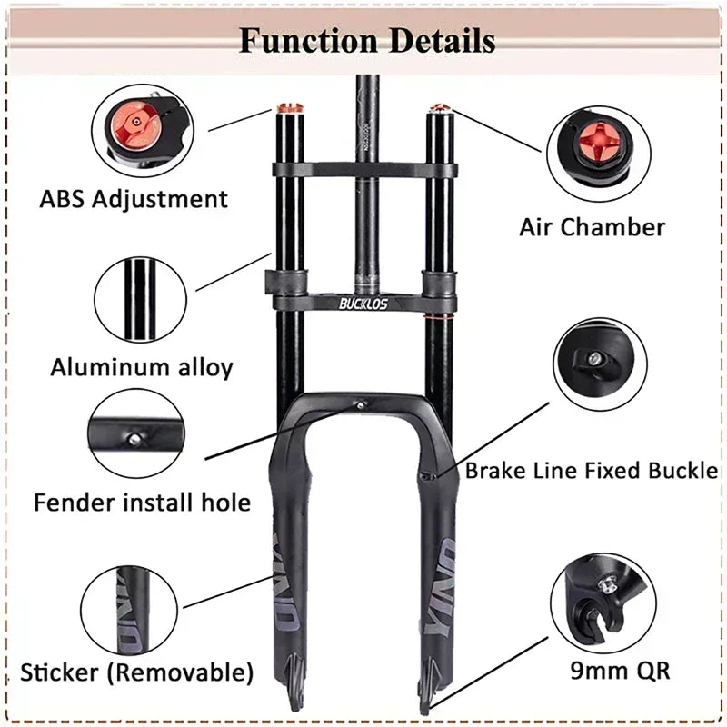 Fourche BUCKLOS Suspension pneumatique Double pour Fat Bike, 20x4.0mm débattement 140mm