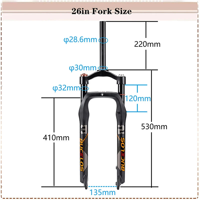 Fourche BUCKLOS à suspension pneumatique pour fat bike 26 pouces x 4.0