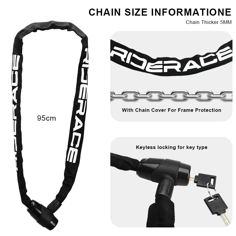 Antivol RIDERACE Bicycle Chain Lock Portable Anti-theft High Security MTB Mountain Bike Lock With 2 Keys For Scooter Electric E-Bike