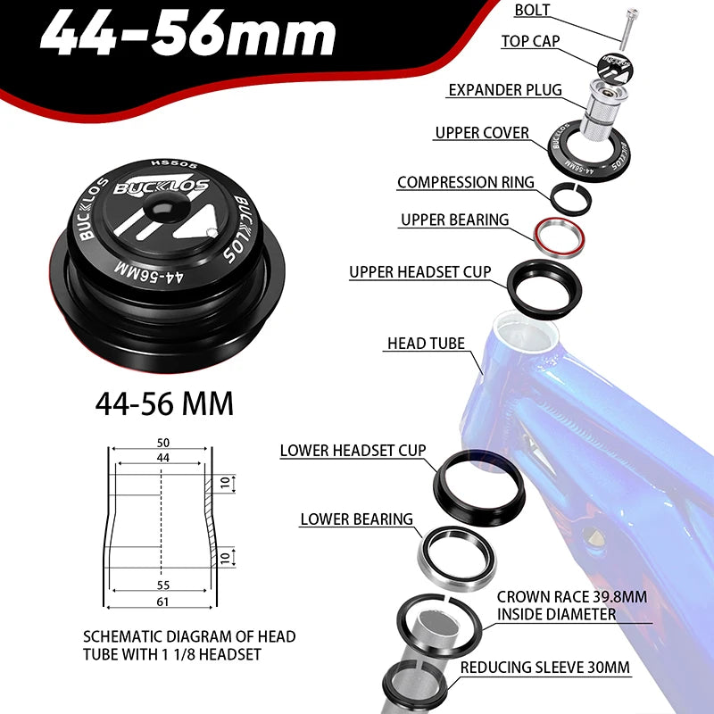 Casque de direction BUCKLOS à double roulement 34mm, 44mm, fourche de 28.6mm, 44-50.6mm, 55mm, 56mm