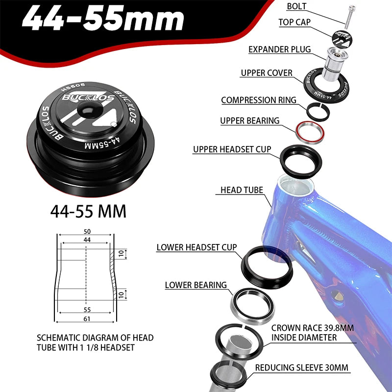 Casque de direction BUCKLOS à double roulement 34mm, 44mm, fourche de 28.6mm, 44-50.6mm, 55mm, 56mm