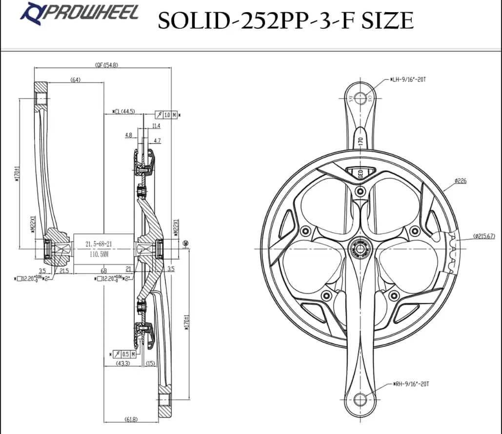 PROWHEEL Pédalier de vélo BCD 52T, ensemble de bras de manivelle et pédalier, vélo de route VTT, vélo électrique, 130mm, 165mm, 170mm