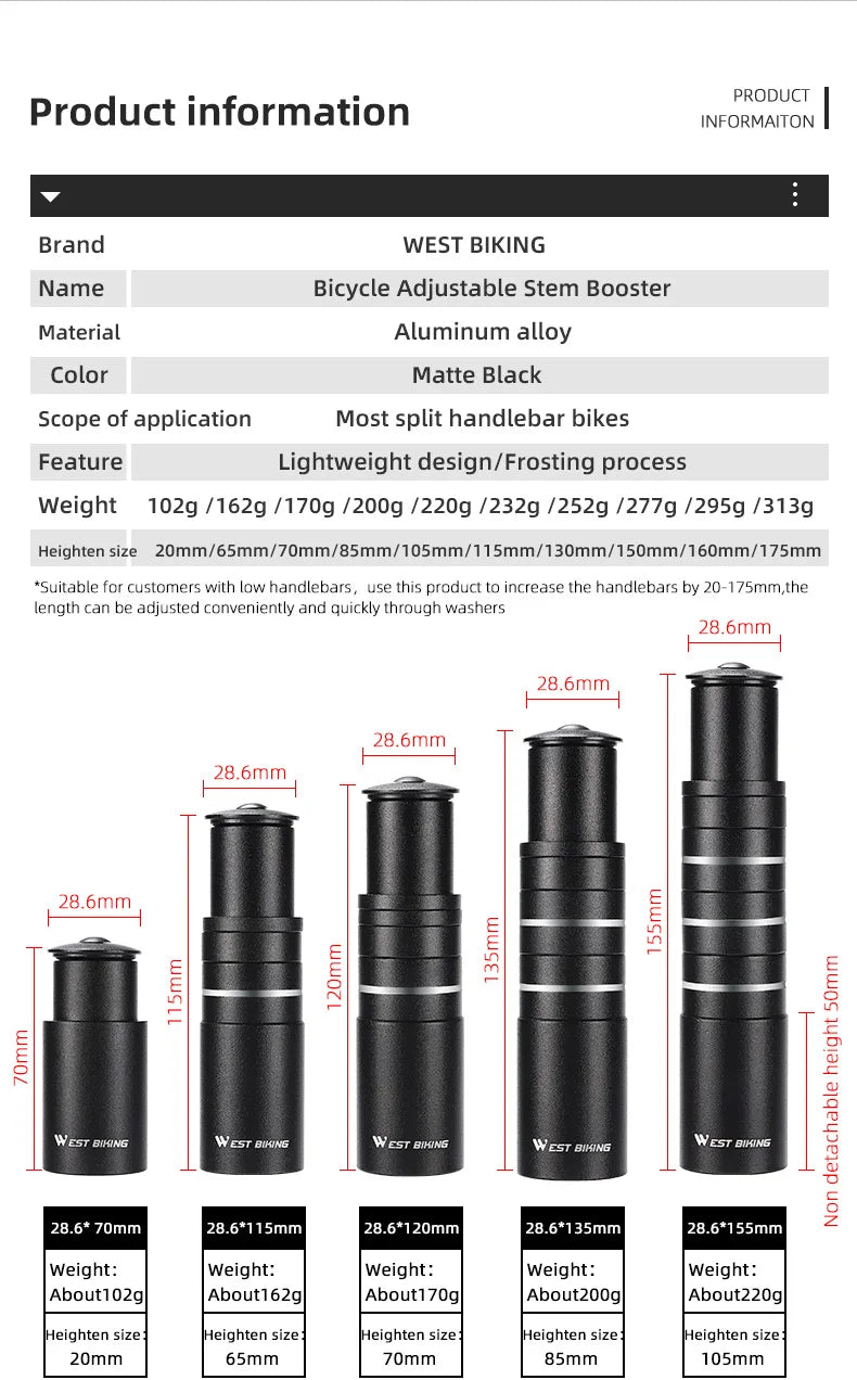 Extension de tige de fourche WEST BIKING 115 - 225 mm