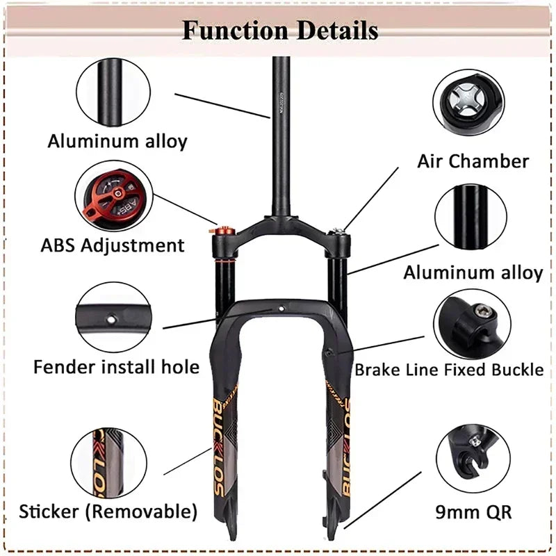 Fourche BUCKLOS en alliage d'aluminium à suspension pneumatique, course de 140mm